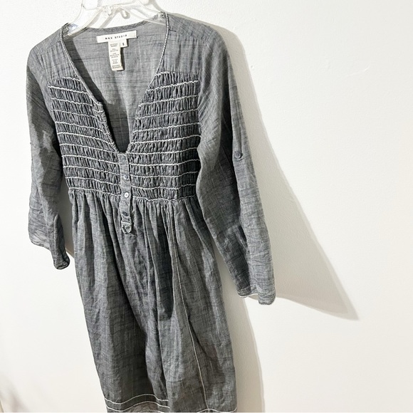 Max Studio Gray Cotton Pleated Smocked Dress Scoop Neckline 3/4 Sleeves Lined 🩶 - Picture 3 of 13